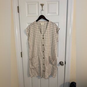 Lou & Grey Linen Gingham Shirt Dress size L pockets tan white